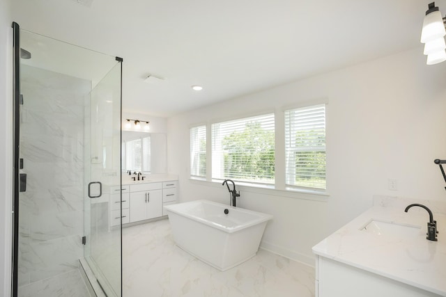 135 W Cassa Way, Mount Juliet, TN 37122 - bathroom with marble finish floors, double vanity, a marble finish shower, baseboards, and a freestanding bath