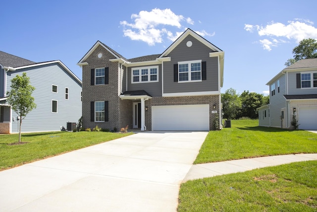 135 W Cassa Way, Mount Juliet, TN 37122 - view of front of property with brick siding, central air condition unit, driveway, a garage, and a front yard