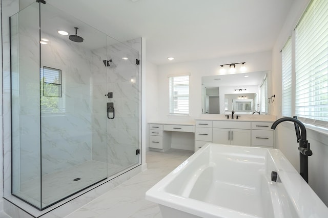 136 W Cassa Way, Mount Juliet, TN 37122 - full bath featuring marble finish flooring, a marble finish shower, vanity, a tub to relax in, and recessed lighting
