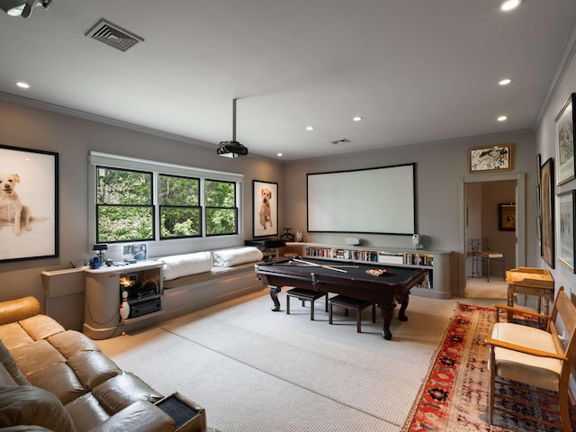 1229 Vintage Pl, Nashville, TN 37215 - carpeted home theater featuring crown molding, recessed lighting, and billiards table