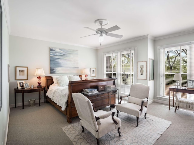 1229 Vintage Pl, Nashville, TN 37215 - carpeted bedroom with baseboards, multiple windows, access to exterior, crown molding, and ceiling fan