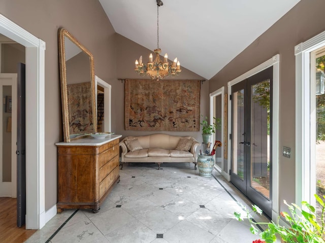 1229 Vintage Pl, Nashville, TN 37215 - unfurnished sunroom with french doors, plenty of natural light, lofted ceiling, and a chandelier