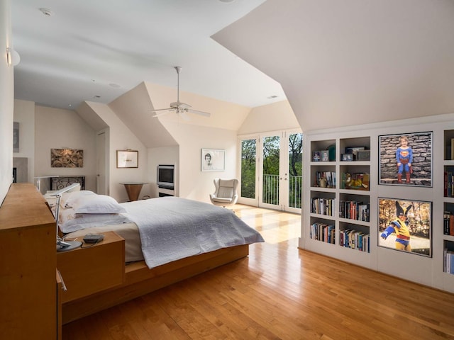 1229 Vintage Pl, Nashville, TN 37215 - bedroom featuring access to exterior, wood-type flooring, lofted ceiling, and ceiling fan