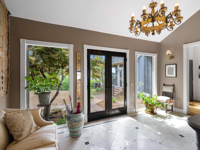 1229 Vintage Pl, Nashville, TN 37215 - doorway to outside with french doors, plenty of natural light, baseboards, a chandelier, and lofted ceiling