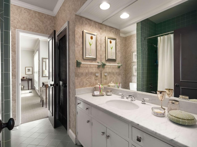 1229 Vintage Pl, Nashville, TN 37215 - full bathroom featuring ornamental molding, tile patterned floors, curtained shower, and vanity