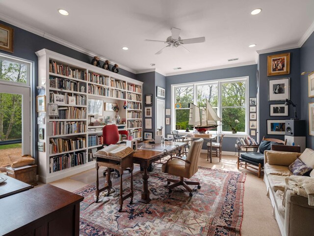1229 Vintage Pl, Nashville, TN 37215 - office space with recessed lighting, a ceiling fan, crown molding, and baseboards