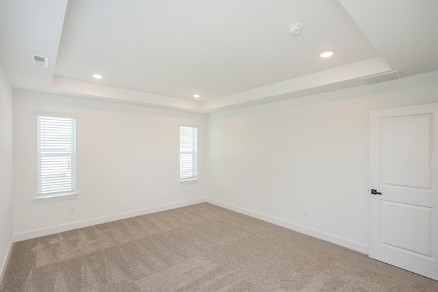 carpeted spare room with a tray ceiling, plenty of natural light, and visible vents