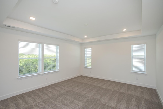 spare room with a tray ceiling, carpet, and visible vents