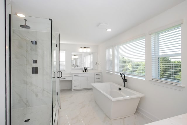 full bathroom featuring a marble finish shower, a soaking tub, baseboards, marble finish floor, and vanity
