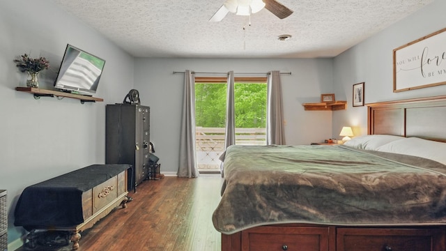 7621 Fernvale Rd, Fairview, TN 37062 - bedroom featuring dark wood-type flooring, a textured ceiling, access to exterior, and a ceiling fan
