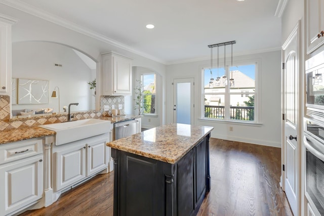 2078 Autumn Ridge Way, Spring Hill, TN 37174 - kitchen featuring a sink, appliances with stainless steel finishes, dark wood-type flooring, arched walkways, and crown molding