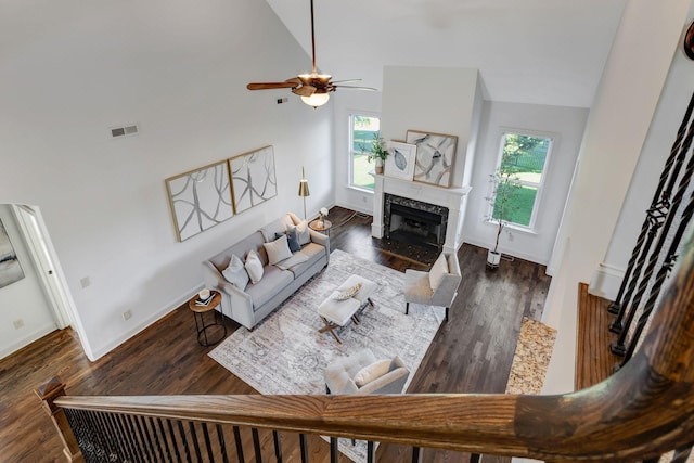 2078 Autumn Ridge Way, Spring Hill, TN 37174 - living area with ceiling fan, baseboards, high vaulted ceiling, a premium fireplace, and wood finished floors