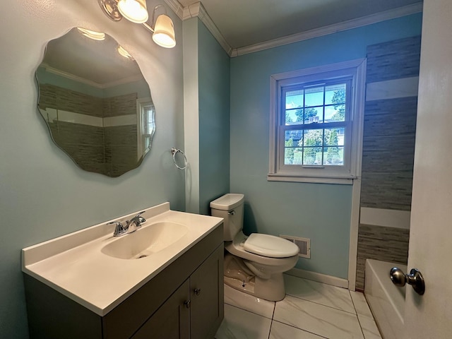 bathroom featuring toilet, marble finish floor, baseboards, visible vents, and crown molding