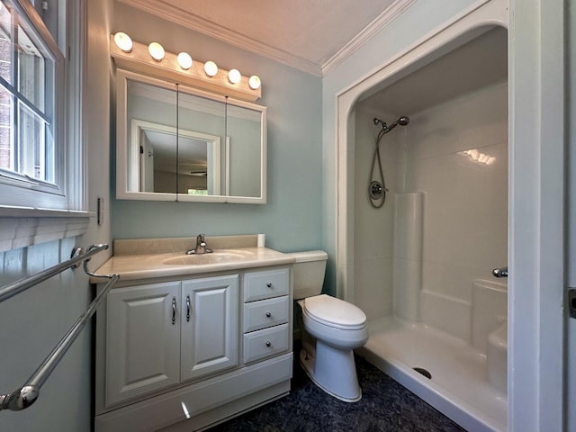full bath featuring a shower, toilet, vanity, and crown molding