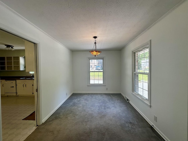 unfurnished dining area featuring a sink, ornamental molding, and a wealth of natural light