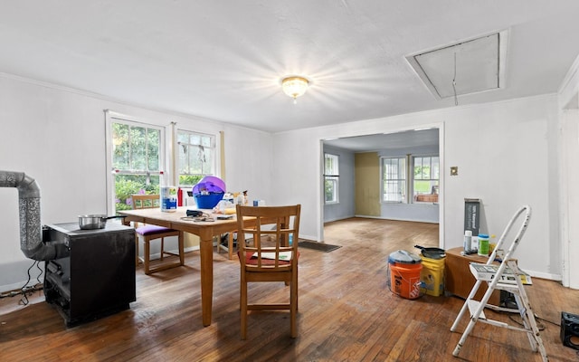 4101 Taft Hwy, Signal Mountain, TN 37377 - dining room featuring ornamental molding, attic access, baseboards, and wood finished floors
