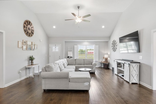 living room with baseboards, ceiling fan, high vaulted ceiling, and dark wood-type flooring