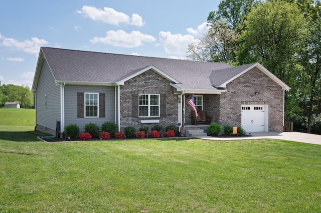 ranch-style house featuring an attached garage, concrete driveway, brick siding, and a front yard