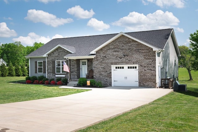 view of front of house with an attached garage, concrete driveway, a shingled roof, a front yard, and brick siding