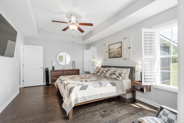 bedroom featuring a raised ceiling, dark wood-style floors, and multiple windows