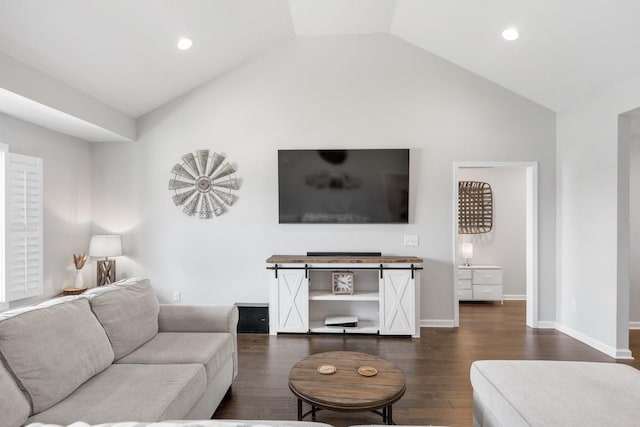 living area with lofted ceiling, baseboards, dark wood-style floors, and recessed lighting