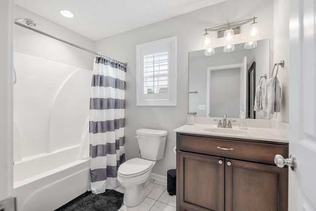 full bath with shower / bath combination with curtain, toilet, tile patterned floors, visible vents, and vanity