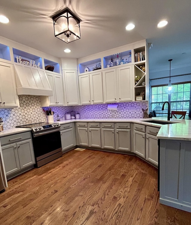 605 Nevins Pl, Nolensville, TN 37135 - kitchen with open shelves, stainless steel range with electric cooktop, gray cabinetry, and recessed lighting