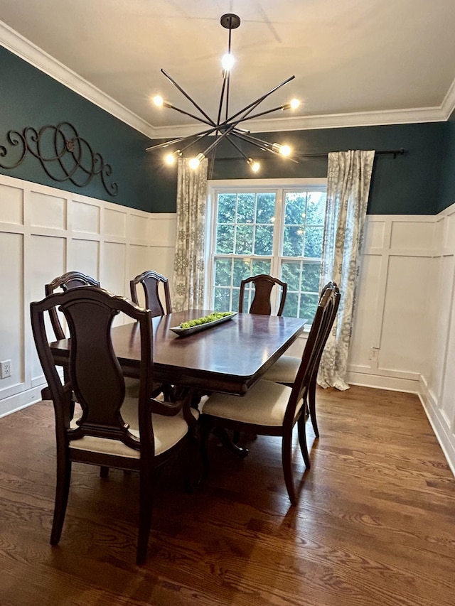 605 Nevins Pl, Nolensville, TN 37135 - dining room with a decorative wall, ornamental molding, a chandelier, wainscoting, and dark wood-style flooring