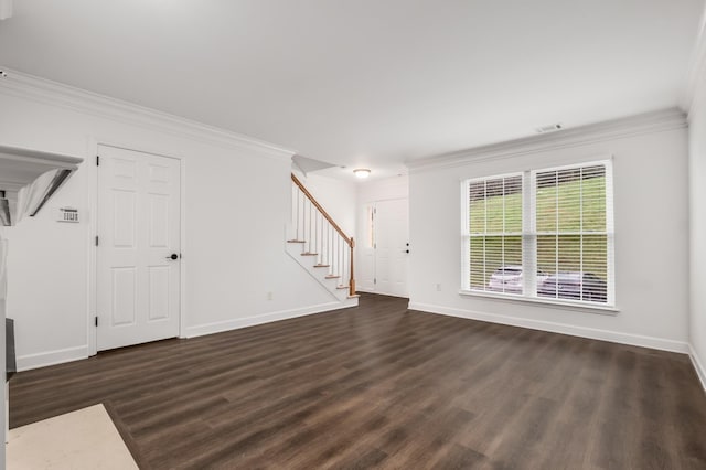 unfurnished living room featuring crown molding, stairway, dark wood-style flooring, and visible vents