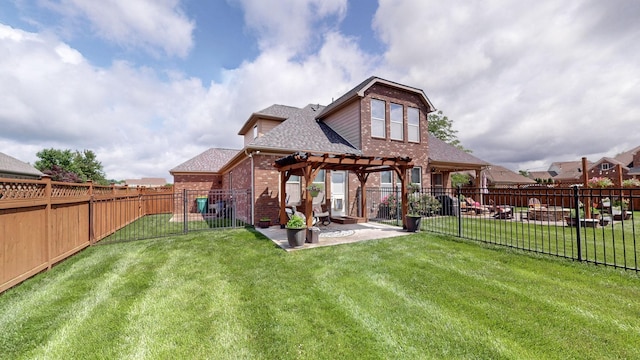 rear view of property featuring a patio, a pergola, a lawn, a shingled roof, and brick siding