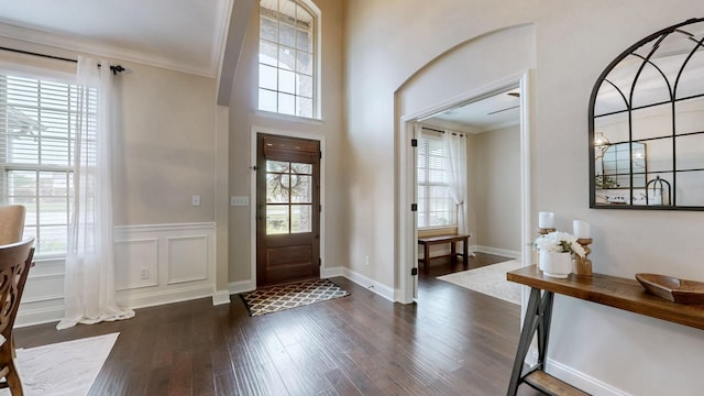 foyer featuring dark wood finished floors, crown molding, and a wealth of natural light