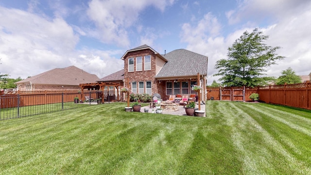 back of property featuring a patio, a pergola, a lawn, a fenced backyard, and roof with shingles