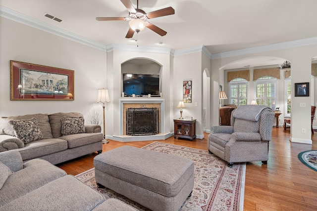 1230 Chickadee Cir, Hermitage, TN 37076 - living room featuring ornamental molding, a ceiling fan, and visible vents