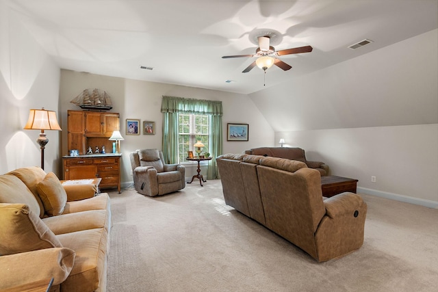 1230 Chickadee Cir, Hermitage, TN 37076 - living area with vaulted ceiling, light colored carpet, a ceiling fan, and visible vents