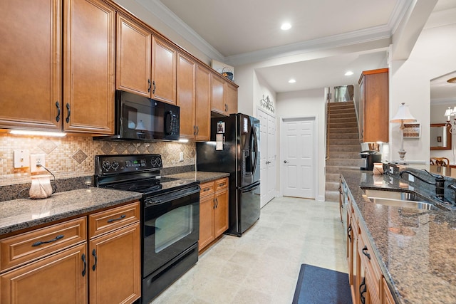 1230 Chickadee Cir, Hermitage, TN 37076 - kitchen featuring black appliances, brown cabinets, crown molding, and a sink