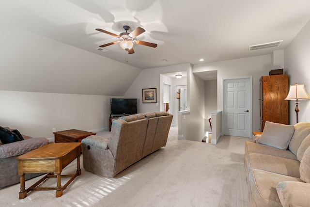 1230 Chickadee Cir, Hermitage, TN 37076 - living room with light colored carpet, lofted ceiling, a ceiling fan, and visible vents