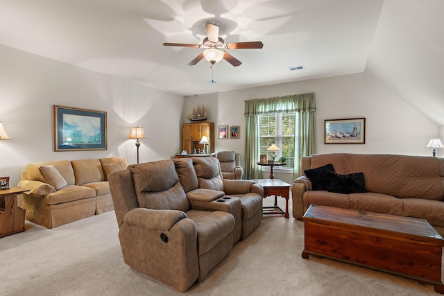 1230 Chickadee Cir, Hermitage, TN 37076 - living room with light carpet, visible vents, and ceiling fan