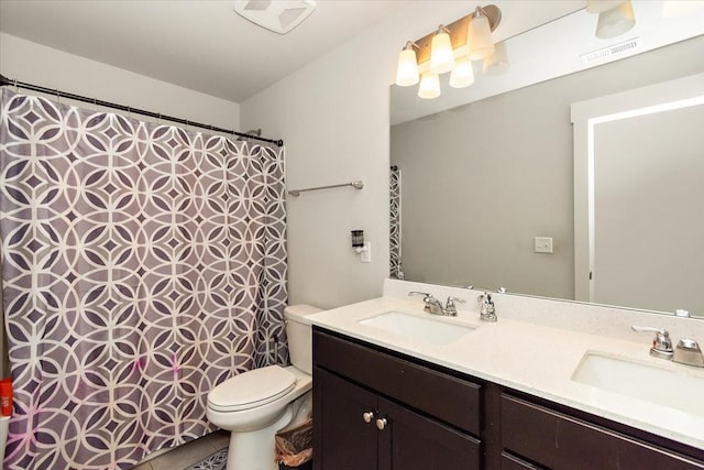 3157 Rift Ln, Murfreesboro, TN 37130 - full bathroom featuring toilet, double vanity, curtained shower, and tile patterned floors
