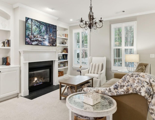 living area featuring ornamental molding, visible vents, built in features, an inviting chandelier, and a fireplace with flush hearth