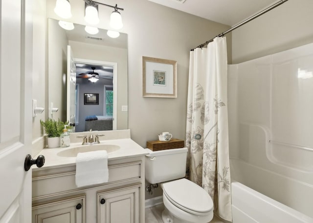 ensuite bathroom featuring toilet, visible vents, shower / bath combination with curtain, connected bathroom, and vanity