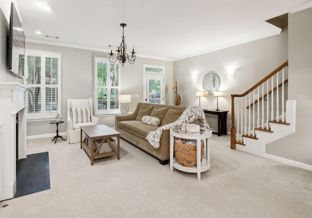carpeted living room with a notable chandelier, baseboards, visible vents, stairs, and crown molding