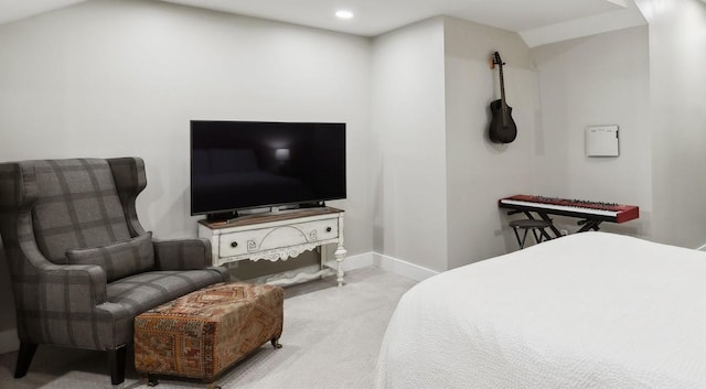 bedroom featuring carpet, baseboards, and recessed lighting