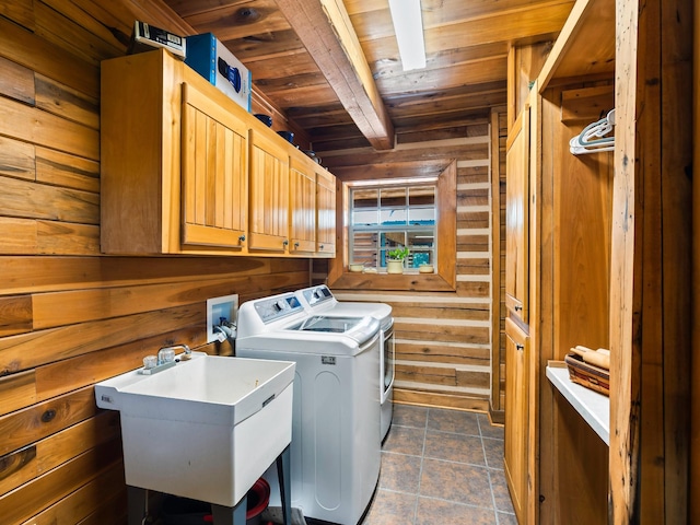 375 Good Hope Rd, Leoma, TN 38468 - laundry room featuring cabinet space, wooden ceiling, wooden walls, and washing machine and dryer