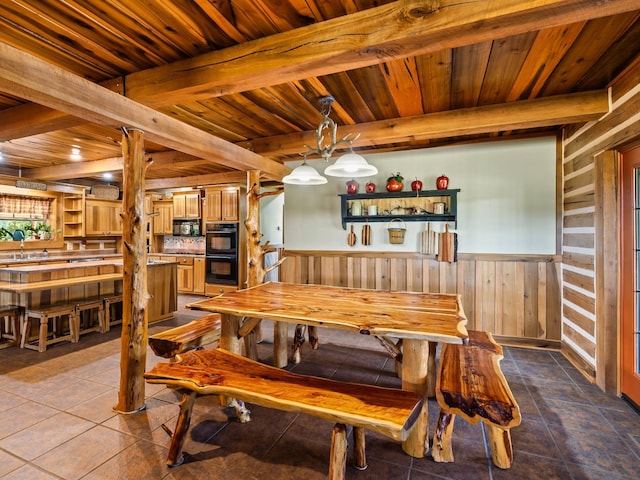 375 Good Hope Rd, Leoma, TN 38468 - dining room featuring wooden ceiling with exposed beams, wooden walls, dark tile patterned flooring, and wainscoting