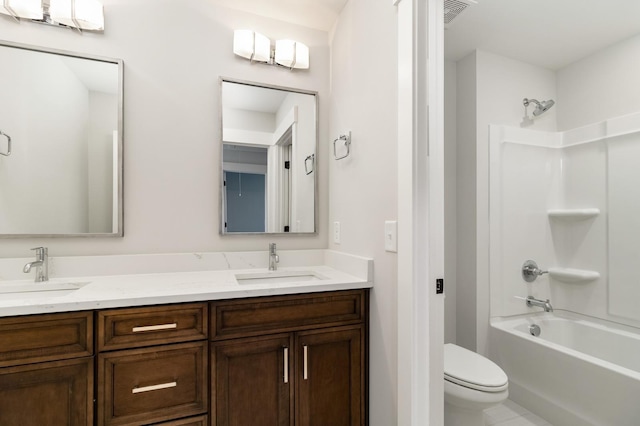full bath featuring toilet, visible vents, a sink, and double vanity