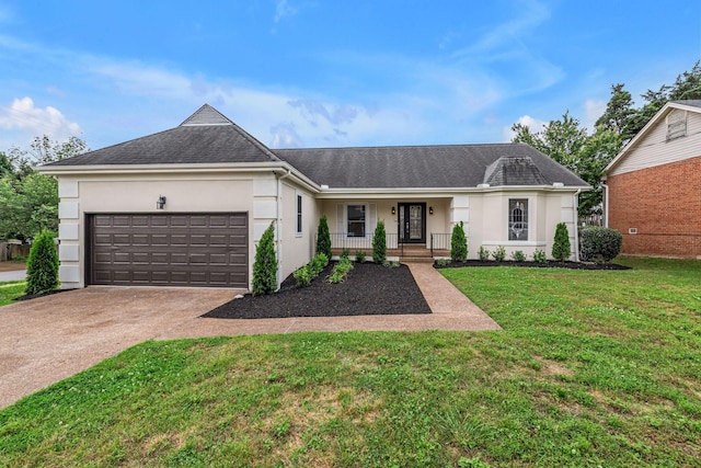 4048 Lancashire Dr, Antioch, TN 37013 - single story home with stucco siding, a porch, a garage, concrete driveway, and a front yard
