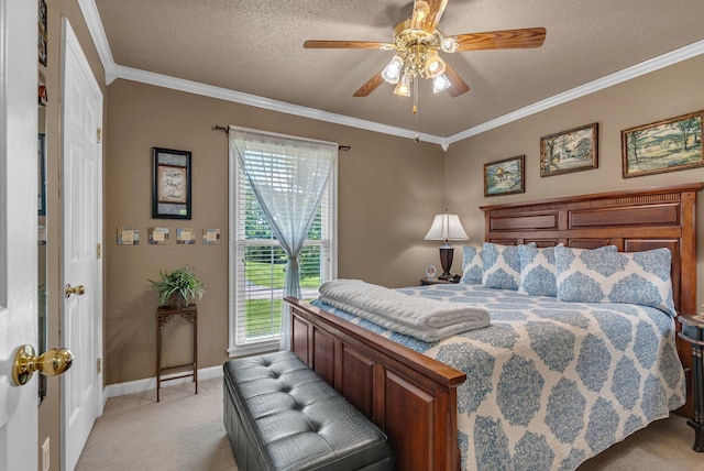 bedroom featuring light carpet, access to exterior, a textured ceiling, ornamental molding, and baseboards