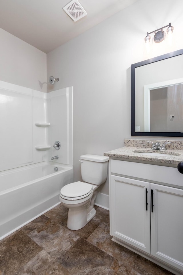 full bathroom featuring shower / bathing tub combination, toilet, vanity, visible vents, and baseboards