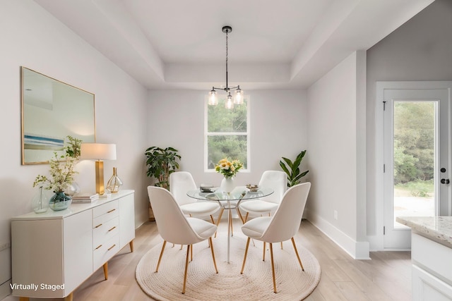 dining room with a raised ceiling, light wood-style flooring, and plenty of natural light