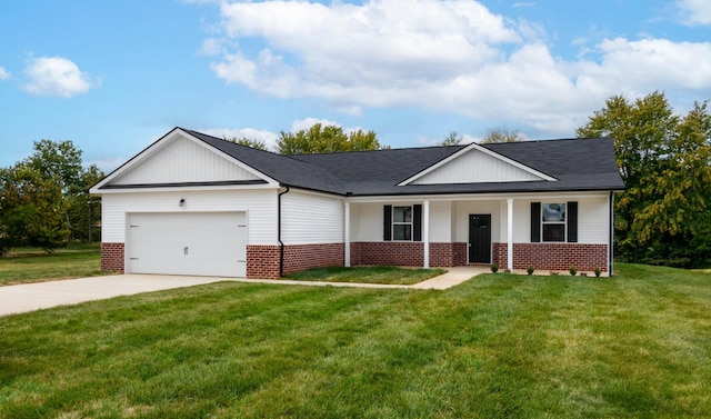 single story home with concrete driveway, a front lawn, brick siding, and an attached garage